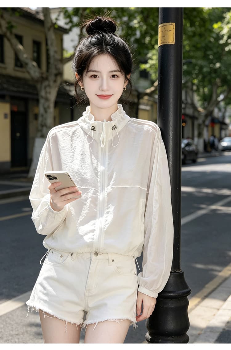 실사 여름 얇은 스타일 자외선 차단 의류 2026 새로운 후드 펌프 로프 쇼트 스타일 재킷 루즈핏 슬림해 보이는 통기성 자외선 차단 상세 이미지 12