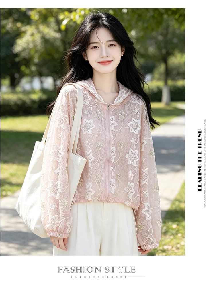 실사 별 프린트 후드 자외선 차단 재킷 여름 얇은 스타일 통기성 레이스 오픈 가디건 달콤함 루즈핏 캐주얼 맨위 상세 이미지 15