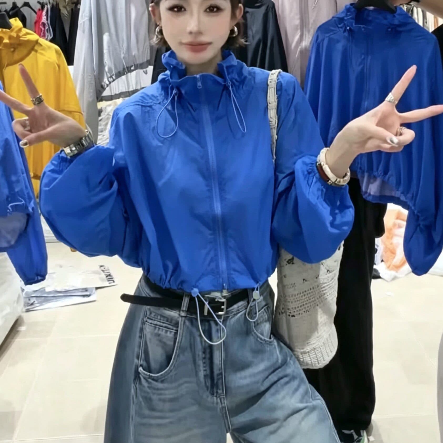 폴로 칼라 펌프 로프 레이스업 자외선 차단 의류 여름 얇은 스타일 긴팔 맨위 루즈핏 슬림해 보이는 통기성 다용도 캐주얼 맨위 상세 이미지 4
