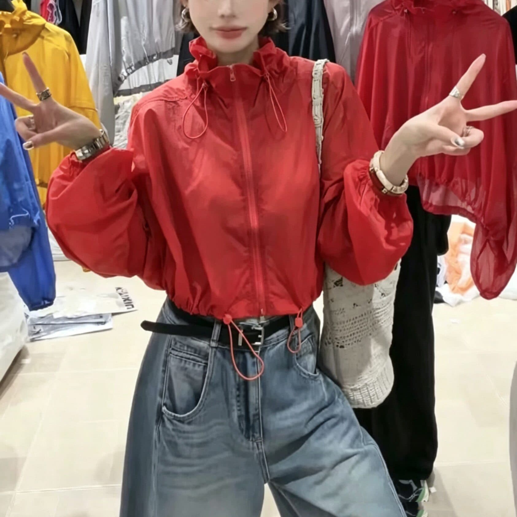 폴로 칼라 펌프 로프 레이스업 자외선 차단 의류 여름 얇은 스타일 긴팔 맨위 루즈핏 슬림해 보이는 통기성 다용도 캐주얼 맨위 상세 이미지 6