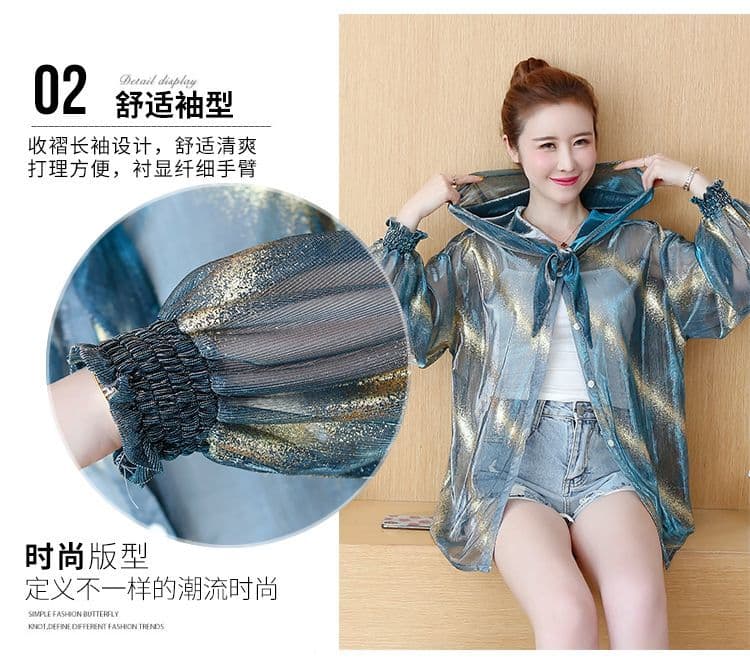 실사 프랑스식 소녀 바람 해군 칼라 나비 매듭 긴팔 디자인 센스 시스루 얇은 스타일 자외선 차단 루즈핏 셔츠 상세 이미지 5