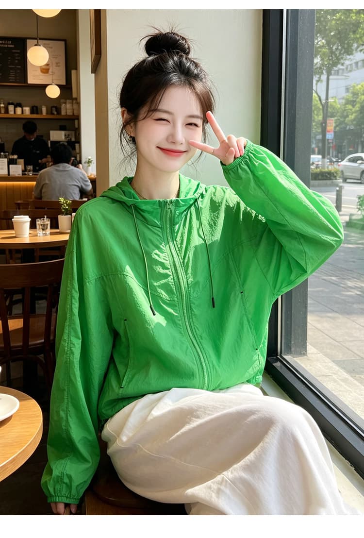실사 얇고 가벼운 후드 자외선 차단 의류 통기성 펌프 로프 지퍼 재킷 야외 스포츠 바람 루즈핏 일상 다용도 섹션 상세 이미지 12