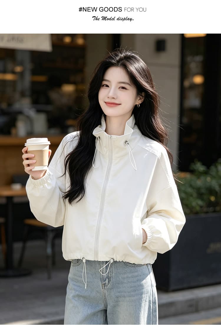 실사 한국 스타일 스탠드 칼라 지퍼 펌프 로프 루즈핏 쇼트 스타일 재킷 캐주얼 운동 방풍 의류 가을 다용도 슬림해 보이는 섹션 상세 이미지 10