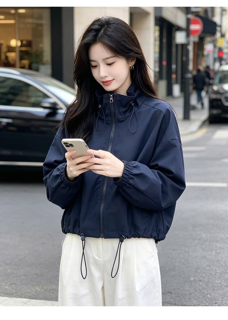 실사 한국 스타일 스탠드 칼라 지퍼 펌프 로프 루즈핏 쇼트 스타일 재킷 캐주얼 운동 방풍 의류 가을 다용도 슬림해 보이는 섹션 상세 이미지 24