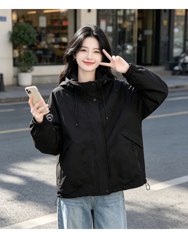 실사 후드 펌프 로프 스냅 단추 방풍 요금 외투 비스듬한 지퍼 주머니 완장 루즈핏 다용도 슬림해 보이는 섹션 상세 이미지 15