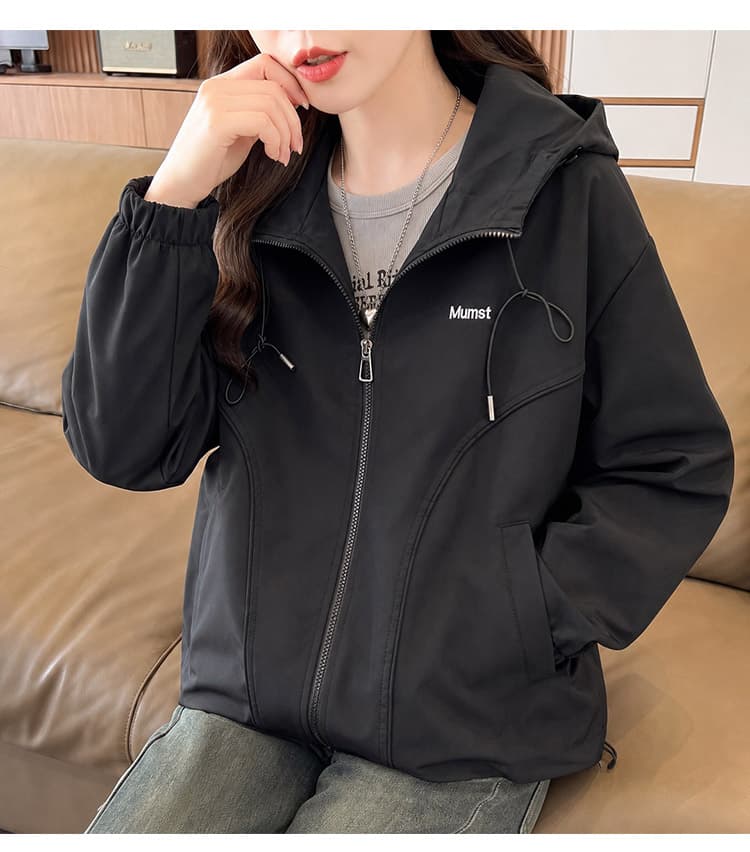 실사 후드 펌프 로프 지퍼 루즈핏 캐주얼 다용도 재킷 가을 어깨 소매 작은 알파벳 프린트 슬림해 보이는 품격 스타일 상세 이미지 20