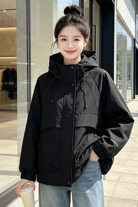 실사 후드 펌프 로프 루즈핏 가을 어깨 소매 방풍 터틀넥 재킷 스냅 단추 빅 포켓 마술 막대기 커프스 조정 섹션 이미지 5