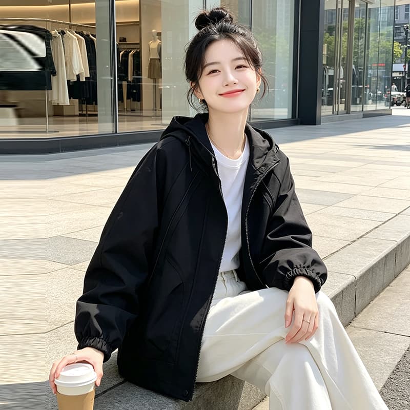 실사 후드 펌프 로프 3 차원 패치워크 루즈핏 가을 어깨 언론 버클 襟 밴딩 커프스 비스듬한 가방 삽입 방풍 재킷 섹션 이미지 2