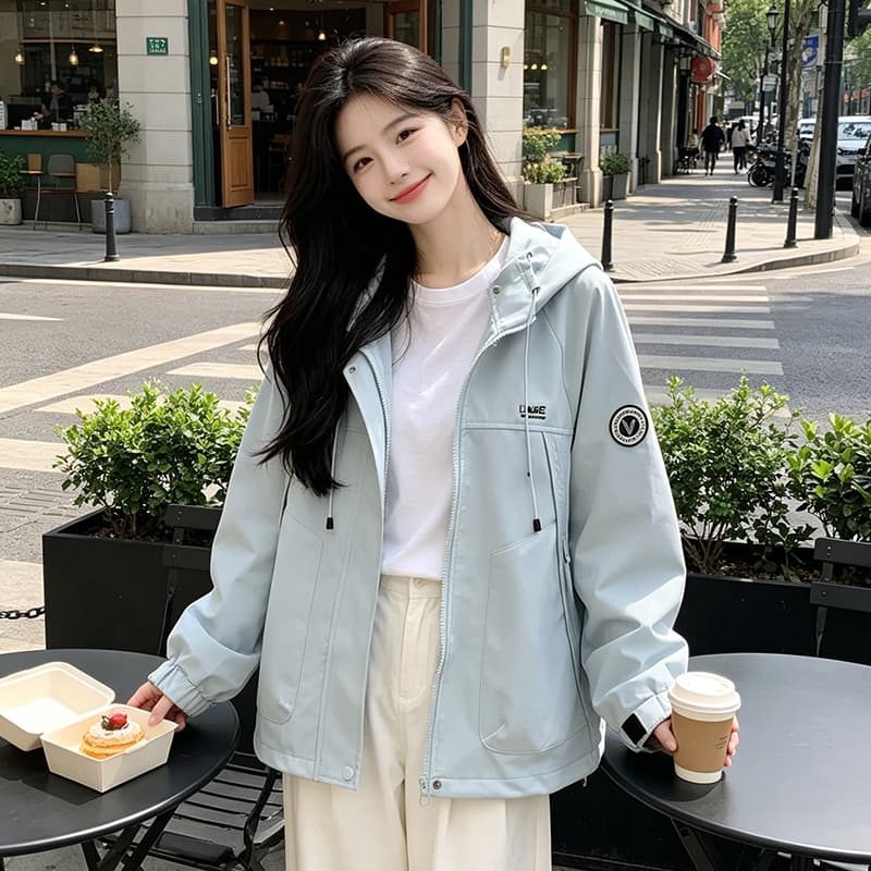 실사 후드 펌프 로프 루즈핏 가을 어깨 방풍 터틀넥 스냅 단추 비스듬한 지퍼 주머니 알파벳 막대기 표준 라운드 표준 재킷 섹션 이미지 2