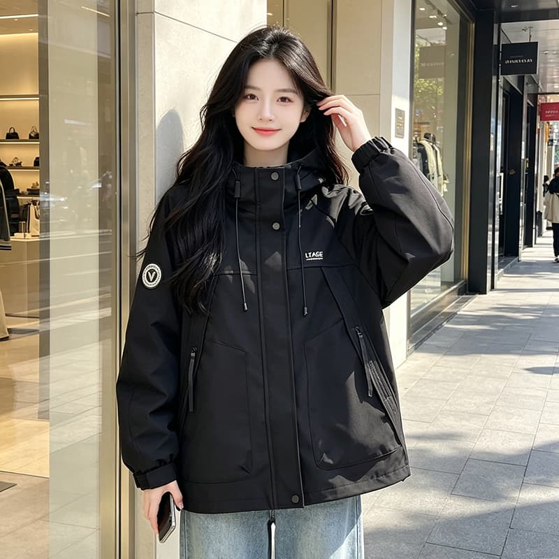실사 후드 펌프 로프 루즈핏 가을 어깨 방풍 터틀넥 스냅 단추 비스듬한 지퍼 주머니 알파벳 막대기 표준 라운드 표준 재킷 섹션