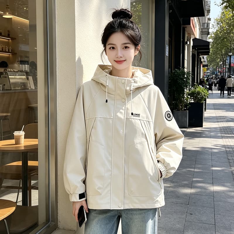 실사 후드 펌프 로프 루즈핏 가을 어깨 방풍 터틀넥 스냅 단추 비스듬한 지퍼 주머니 알파벳 막대기 표준 라운드 표준 재킷 섹션 이미지 3