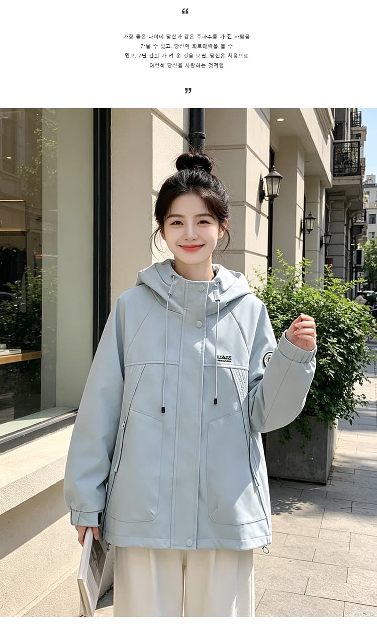 실사 후드 펌프 로프 루즈핏 가을 어깨 방풍 터틀넥 스냅 단추 비스듬한 지퍼 주머니 알파벳 막대기 표준 라운드 표준 재킷 섹션 상세 이미지 10