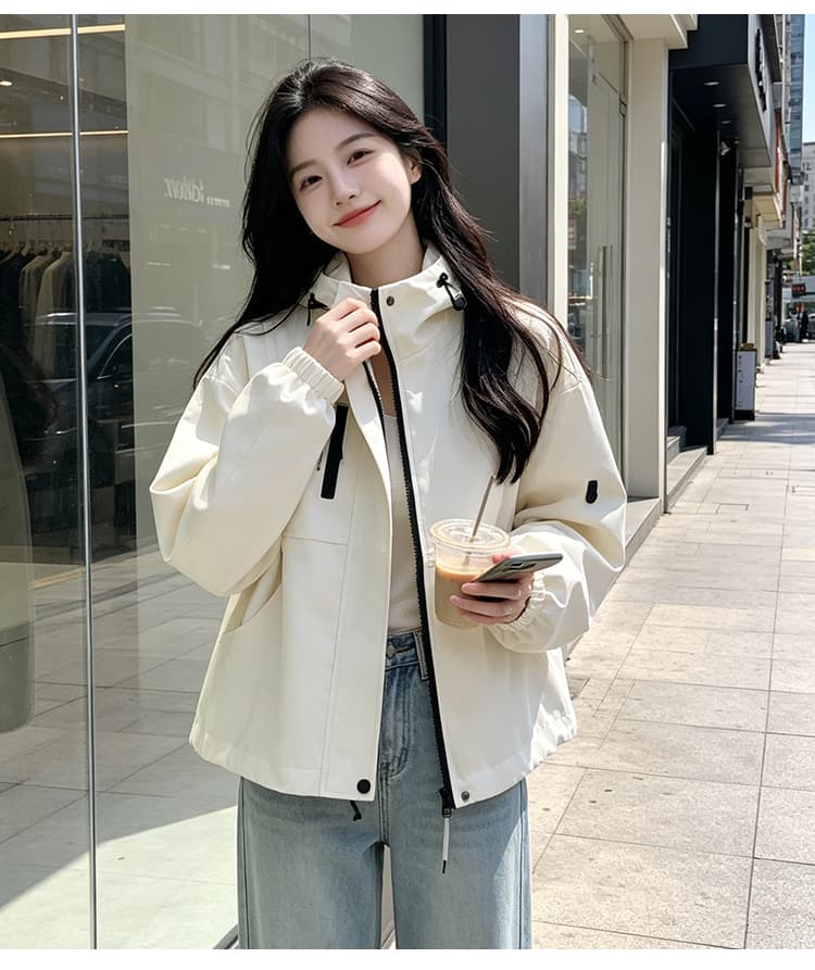 실사 후드 펌프 로프 배색 지퍼 열기 루즈핏 가을 어깨 소매 밴딩 커프스 스냅 단추 플립 커버 밑단 펌프 로프 섹션 상세 이미지 14