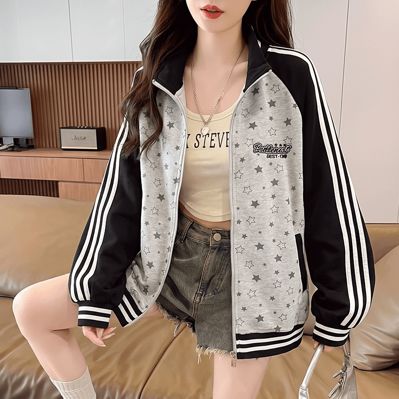 실사 스탠드 칼라 지퍼 열기 별 전체 인쇄 루즈핏 가을 어깨 긴팔 리브 커프스 스트라이프 막대기 표준 운동 재킷