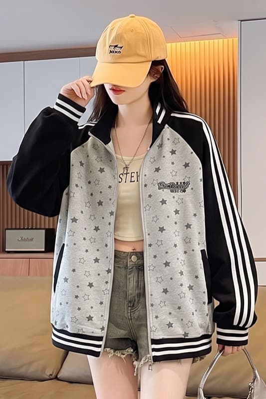 실사 스탠드 칼라 지퍼 열기 별 전체 인쇄 루즈핏 가을 어깨 긴팔 리브 커프스 스트라이프 막대기 표준 운동 재킷 이미지 5