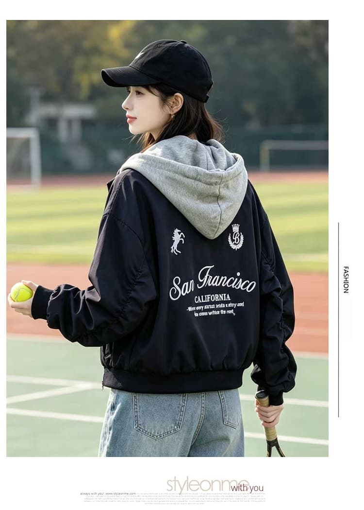실사 아메리칸 페이크 레이어드 후드 패치워크 가을 어깨 루즈핏 뒤로 알파벳 프린트 리브 커프스 밑단 재킷 섹션 상세 이미지 15