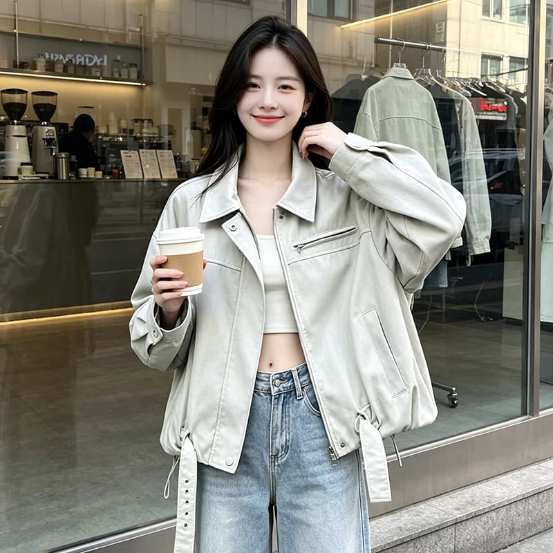 실사 아메리칸 레트로 폴로 칼라 지퍼 열기 루즈핏 가을 어깨 스냅 단추 커프스 가슴 가방 밑단 패치워크 벨트 스타일 섹션 이미지 2