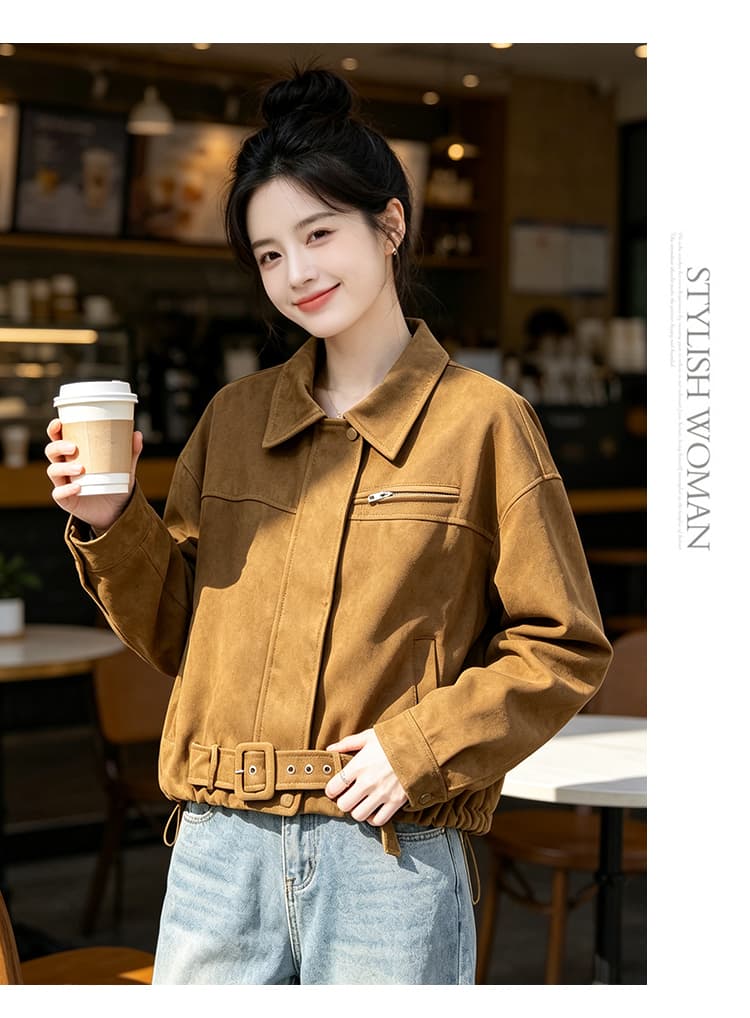 실사 아메리칸 레트로 폴로 칼라 지퍼 열기 루즈핏 가을 어깨 스냅 단추 커프스 가슴 가방 밑단 패치워크 벨트 스타일 섹션 상세 이미지 18