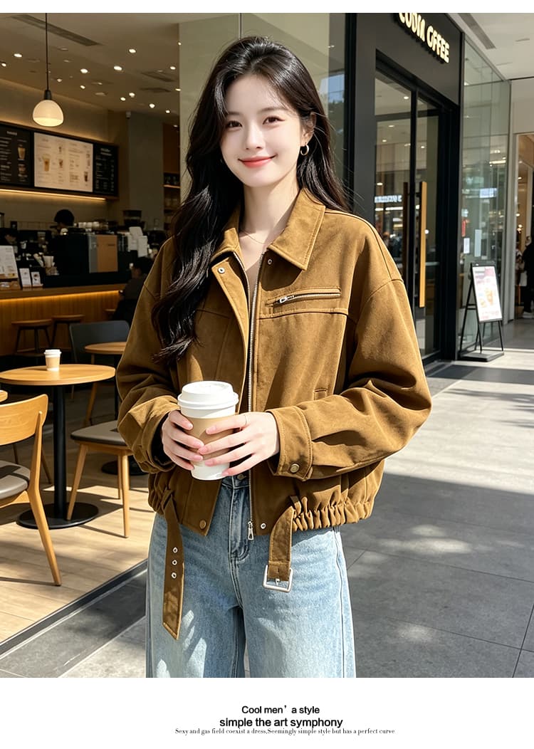 실사 아메리칸 레트로 폴로 칼라 지퍼 열기 루즈핏 가을 어깨 스냅 단추 커프스 가슴 가방 밑단 패치워크 벨트 스타일 섹션 상세 이미지 19