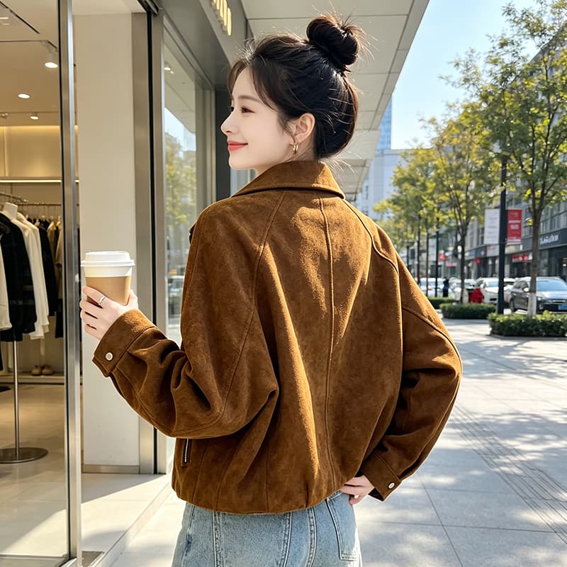 실사 아메리칸 레트로 스웨이드 원단 뒤집다 리더쉽 머리 배색 지퍼 열기 루즈핏 가을 어깨 측면 지퍼 포켓 쇼트 스타일 이미지 2