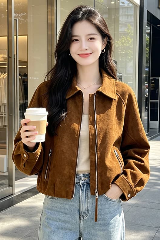 실사 아메리칸 레트로 스웨이드 원단 뒤집다 리더쉽 머리 배색 지퍼 열기 루즈핏 가을 어깨 측면 지퍼 포켓 쇼트 스타일 이미지 5