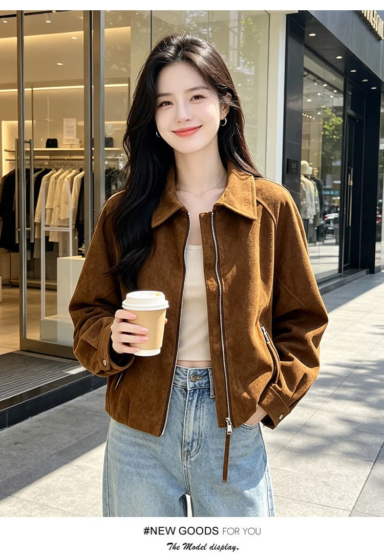 실사 아메리칸 레트로 스웨이드 원단 뒤집다 리더쉽 머리 배색 지퍼 열기 루즈핏 가을 어깨 측면 지퍼 포켓 쇼트 스타일 상세 이미지 11