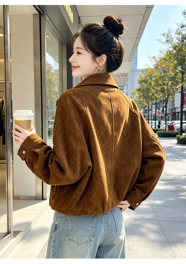 실사 아메리칸 레트로 스웨이드 원단 뒤집다 리더쉽 머리 배색 지퍼 열기 루즈핏 가을 어깨 측면 지퍼 포켓 쇼트 스타일 상세 이미지 16