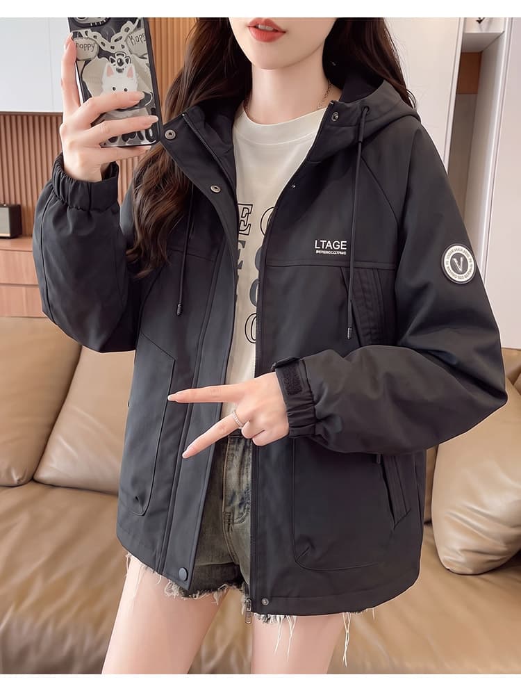 실사 후드 펌프 로프 루즈핏 가을 어깨 방풍 터틀넥 스냅 단추 비스듬한 지퍼 주머니 알파벳 막대기 표준 라운드 표준 재킷 섹션 상세 이미지 30