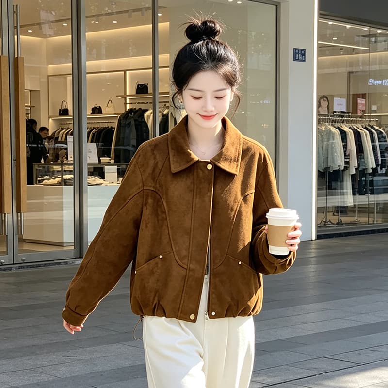 실사 레트로 스웨이드 원단 폴로 칼라 곡선 패치워크 스냅 단추 열기 루즈핏 가을 어깨 긴팔 펌프 Pleat 밑단 슬림해 보이는 섹션 이미지 3