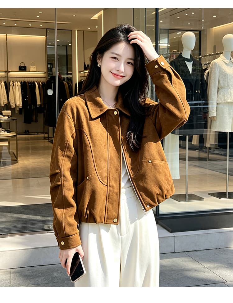 실사 레트로 스웨이드 원단 폴로 칼라 곡선 패치워크 스냅 단추 열기 루즈핏 가을 어깨 긴팔 펌프 Pleat 밑단 슬림해 보이는 섹션 상세 이미지 13