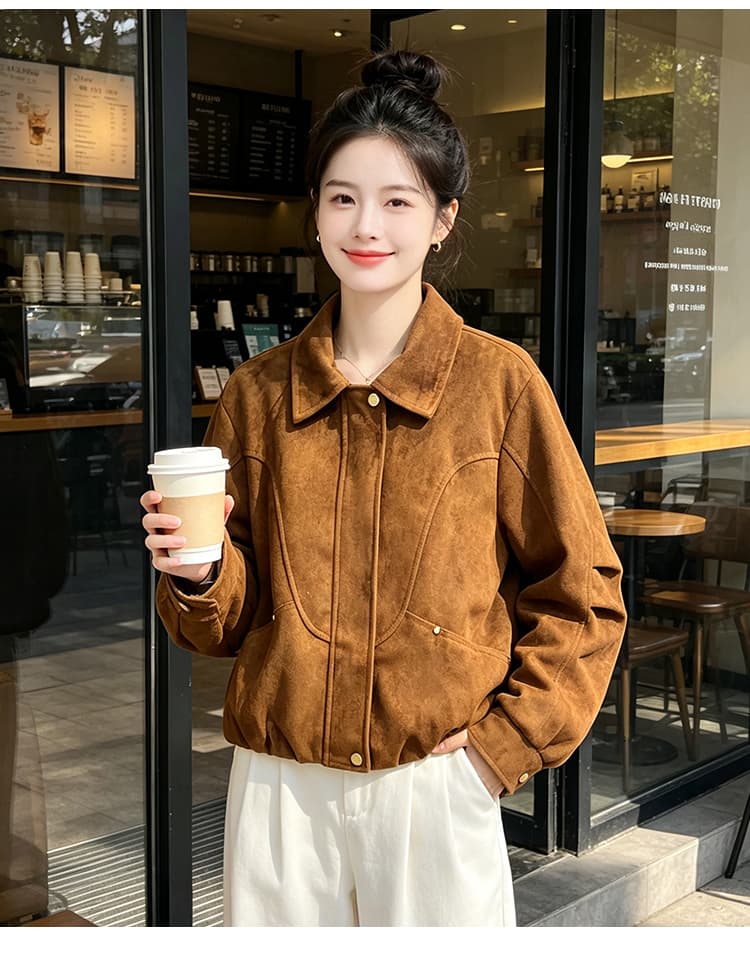 실사 레트로 스웨이드 원단 폴로 칼라 곡선 패치워크 스냅 단추 열기 루즈핏 가을 어깨 긴팔 펌프 Pleat 밑단 슬림해 보이는 섹션 상세 이미지 14