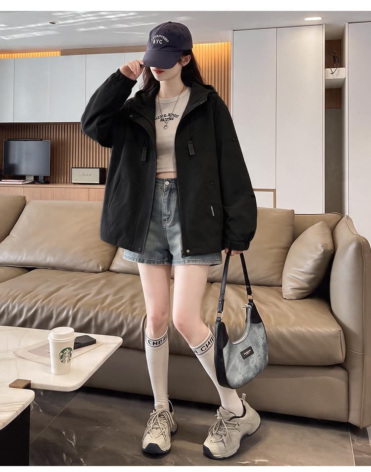 실사 기능 후드 펌프 로프 루즈핏 가을 어깨 긴팔 배색 지퍼 주머니 열기 스냅 단추 커프스 막대기 표준 재킷 상세 이미지 15