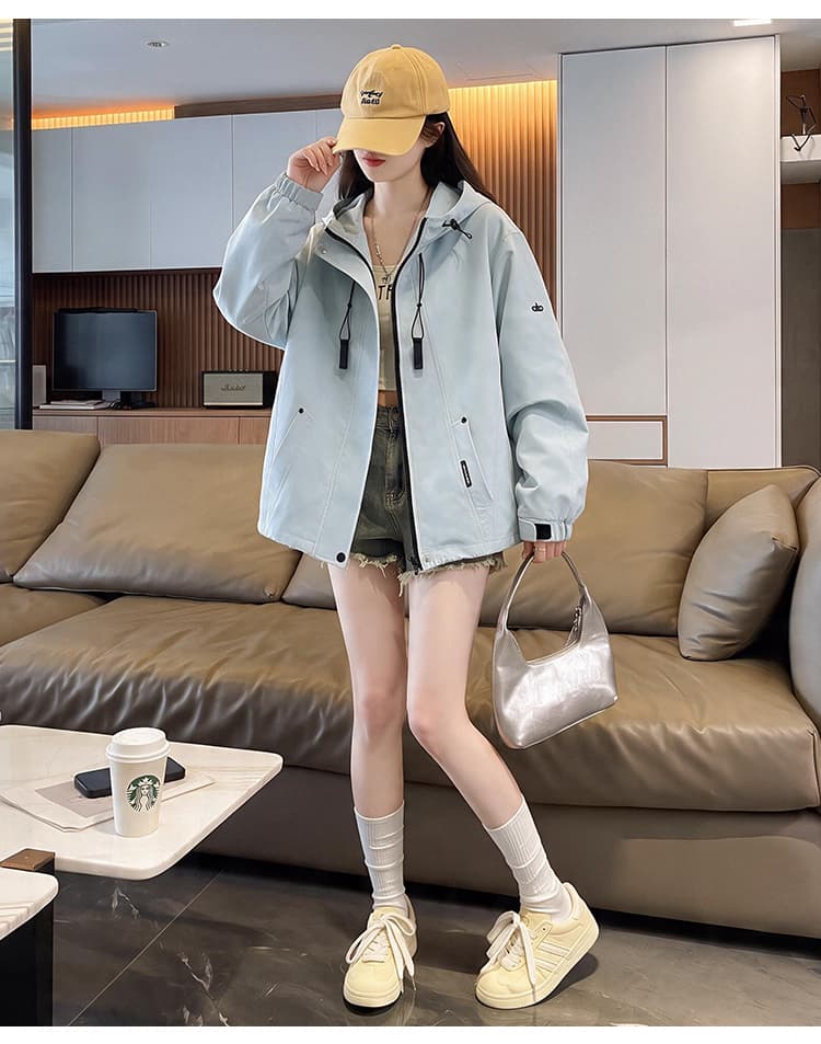 실사 기능 후드 펌프 로프 루즈핏 가을 어깨 긴팔 배색 지퍼 주머니 열기 스냅 단추 커프스 막대기 표준 재킷 상세 이미지 21