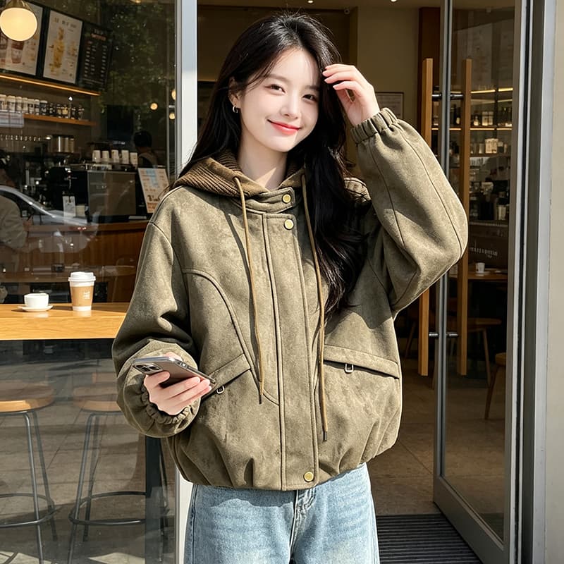 실사 레트로 캐주얼 후드 펌프 로프 언론 버클 襟 루즈핏 가을 어깨 긴팔 플립 커버 주머니 밴딩 커프스 재킷 이미지 3