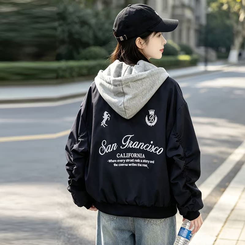 실사 아메리칸 페이크 레이어드 후드 패치워크 가을 어깨 루즈핏 뒤로 알파벳 자수 리브 커프스 밑단 면 옷 섹션