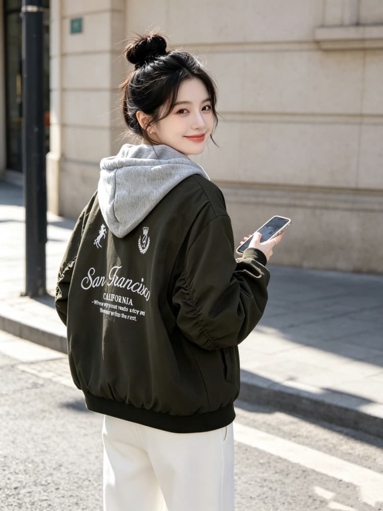 실사 아메리칸 페이크 레이어드 후드 패치워크 가을 어깨 루즈핏 뒤로 알파벳 자수 리브 커프스 밑단 면 옷 섹션 상세 이미지 11