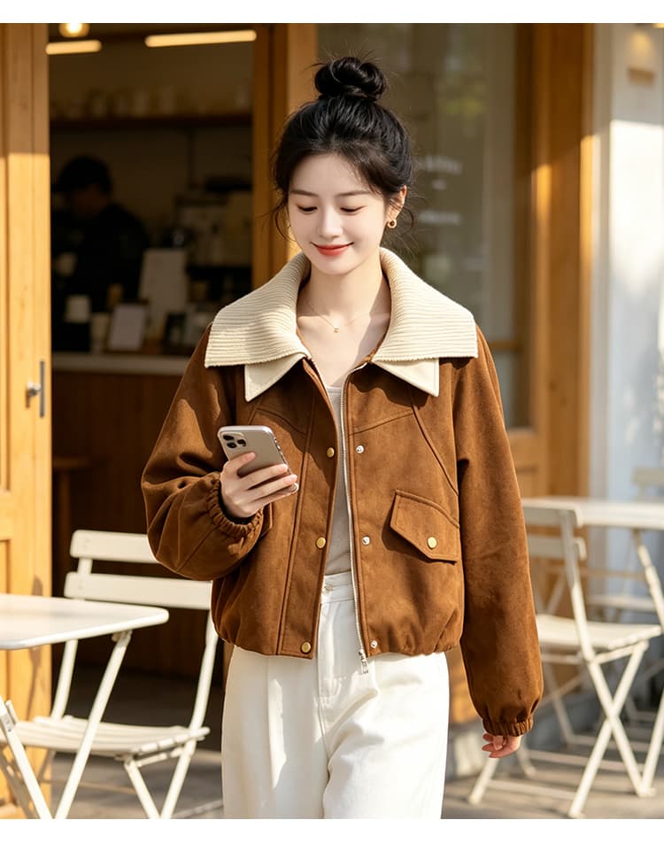 실사 레트로 패치워크 빅 칼라 스냅 단추 열기 곡선 싸움 솔기 루즈핏 가을 어깨 플립 커버 주머니 밴딩 커프스 섹션 상세 이미지 13