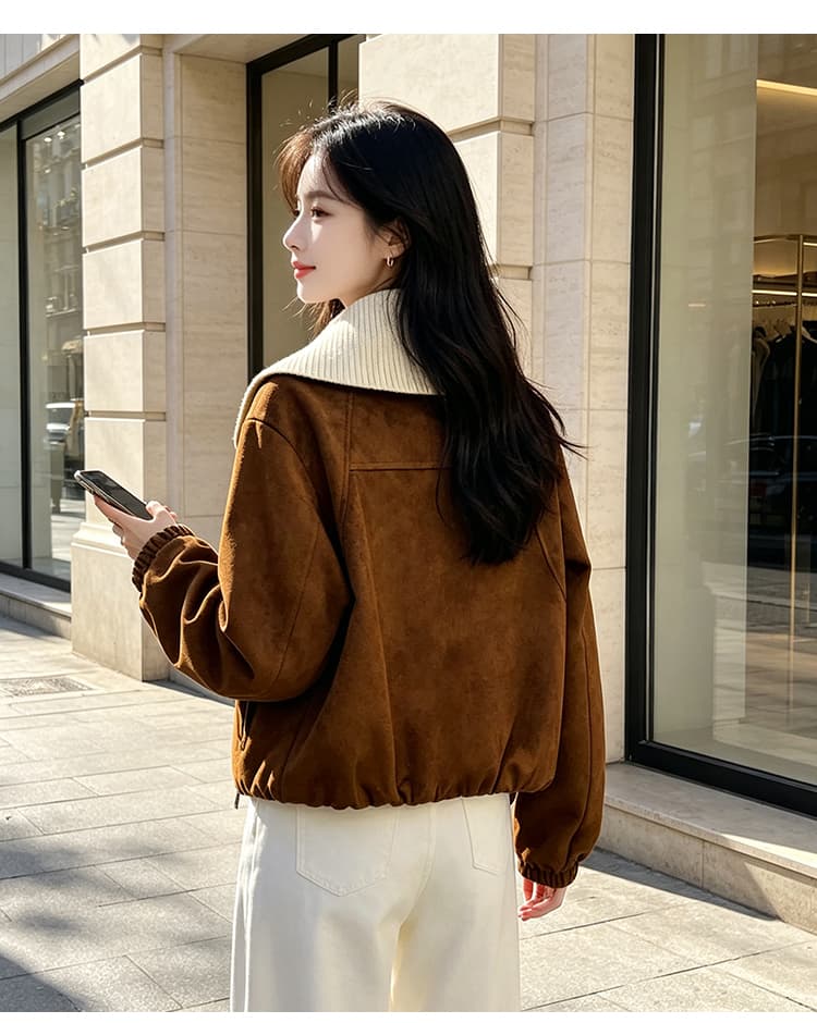 실사 레트로 패치워크 빅 칼라 스냅 단추 열기 곡선 싸움 솔기 루즈핏 가을 어깨 플립 커버 주머니 밴딩 커프스 섹션 상세 이미지 15