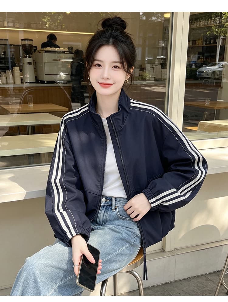 실사 아메리칸 운동 스탠드 칼라 더블 머리 지퍼 루즈핏 가을 어깨 줄무늬 슬리브 밴딩 커프스 밑단 쇼트 스타일 재킷 상세 이미지 16