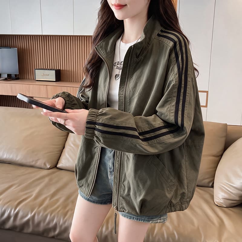 실사 아메리칸 운동 스탠드 칼라 더블 머리 지퍼 루즈핏 가을 어깨 줄무늬 슬리브 밴딩 커프스 밑단 쇼트 스타일 재킷 이미지 2
