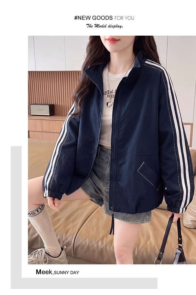실사 아메리칸 운동 스탠드 칼라 더블 머리 지퍼 루즈핏 가을 어깨 줄무늬 슬리브 밴딩 커프스 밑단 쇼트 스타일 재킷 상세 이미지 17