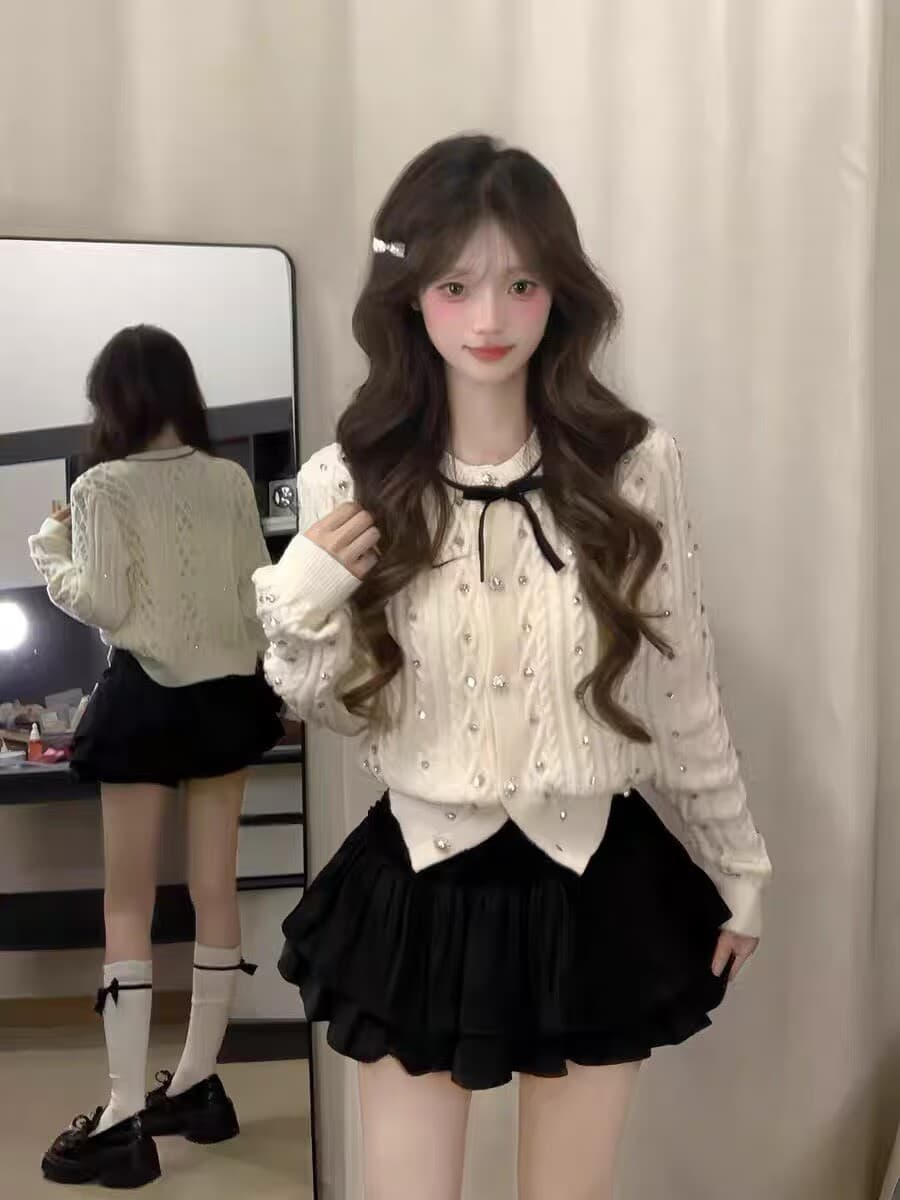 부유 한 가족 천 골드 작은 샤넬 스타일 착용 가져 가라. 에이즈 환자 여성 세트 가을 겨울철 학원 달콤함 니트 오픈 가디건 치마 투피스 슈트