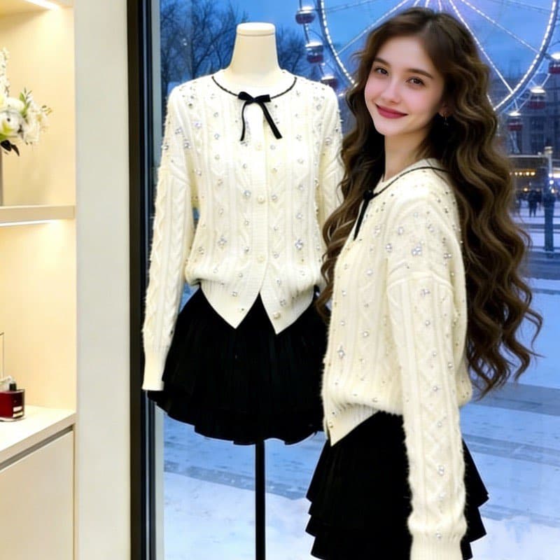겨울 작은 샤넬 스타일 품격 나비 매듭 벨트 훈련 스웨터 반신 스커트 투피스 세트 miu 부서 천 금빛 바람 슬림해 보이는 세트