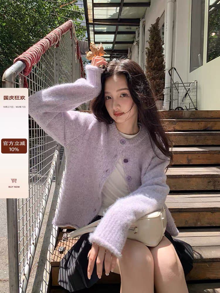 탐색 세트 보라색 라운드 넥 니트 오픈 가디건 여성 코트 가을 겨울철 디자인 센스 스웨터 품격 인사이드 잡아라. 의류 작은 셔츠 이미지 2