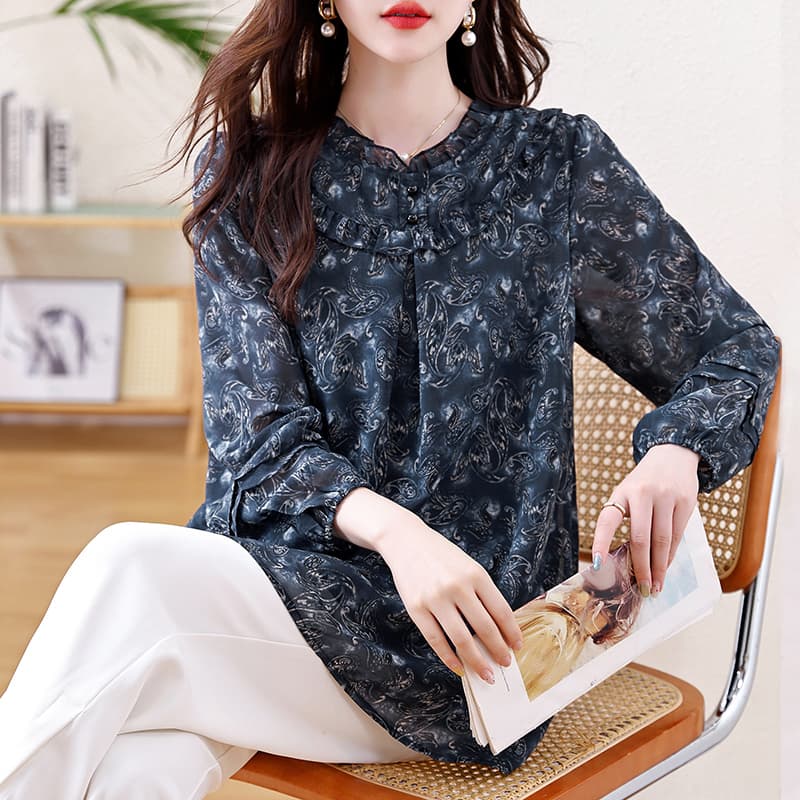 빅 사이즈 여성 의류 2026 봄 가을 새로운 고급 슬림해 보이는 긴팔 지방 mm 프린트 Chic 품격 루즈핏 표지 배 맨위 이미지 5