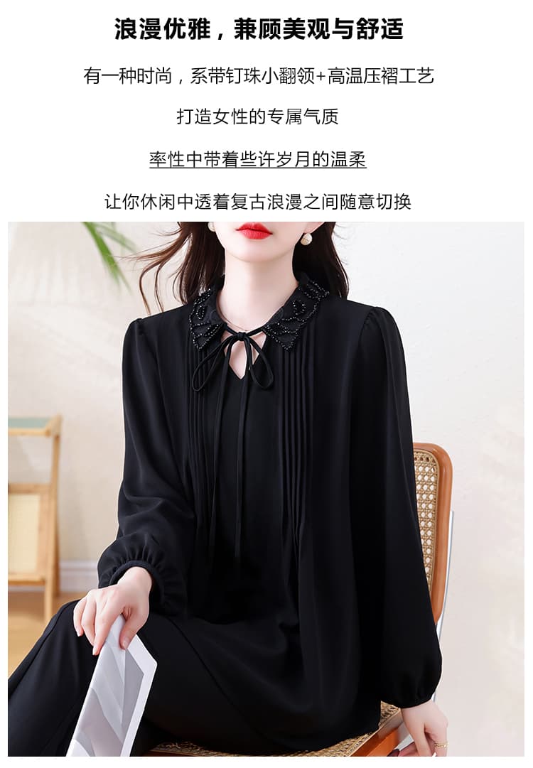 2026 가을 새로운 빅 사이즈 여성 의류 비즈 박기 베이비 칼라 시폰 셔츠 여성 루즈핏 표지 배 레이스업 긴팔 맨위 상세 이미지 2