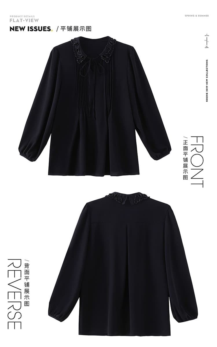 2026 가을 새로운 빅 사이즈 여성 의류 비즈 박기 베이비 칼라 시폰 셔츠 여성 루즈핏 표지 배 레이스업 긴팔 맨위 상세 이미지 4