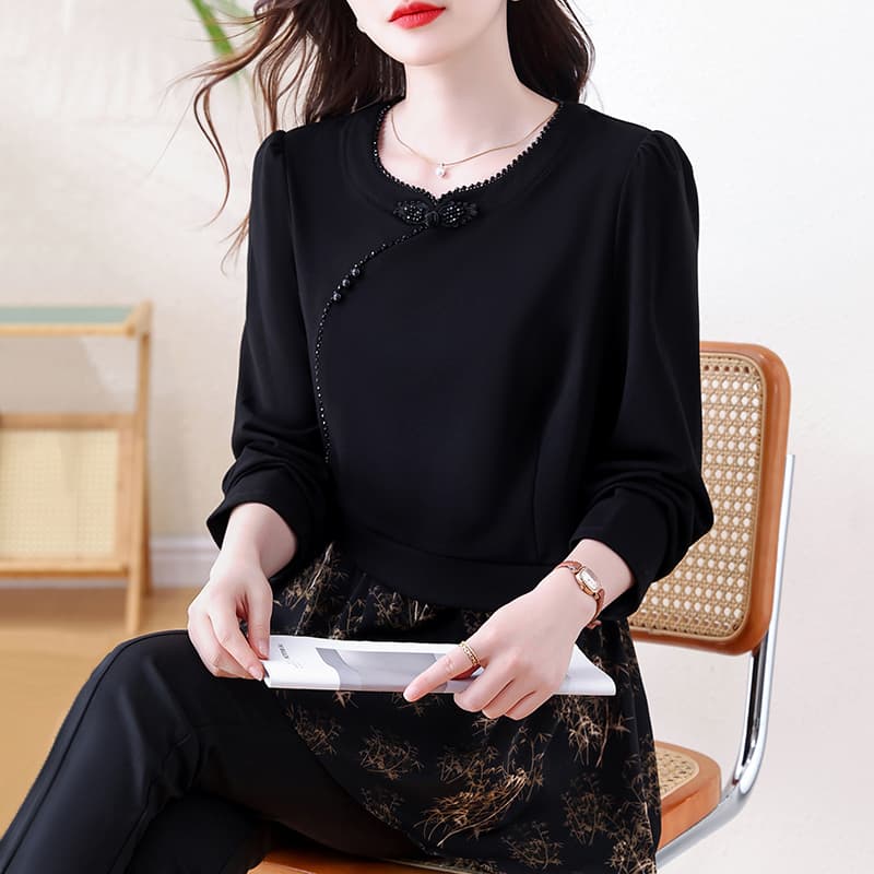 2026 가을 빅 사이즈 여성 의류 새로운 중식 단추 맨위 지방 mm 프린트 패치워크 페이크 레이어드 표지 배 긴팔 작은 셔츠 이미지 5