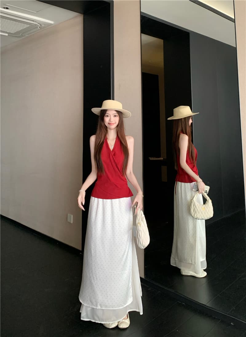 실사 정가 새로운 한 부서 품격 V넥 휴가 바람 민소매 순수한 욕망 바람 행침 목 레이스업 슬립 맨위 상세 이미지 7