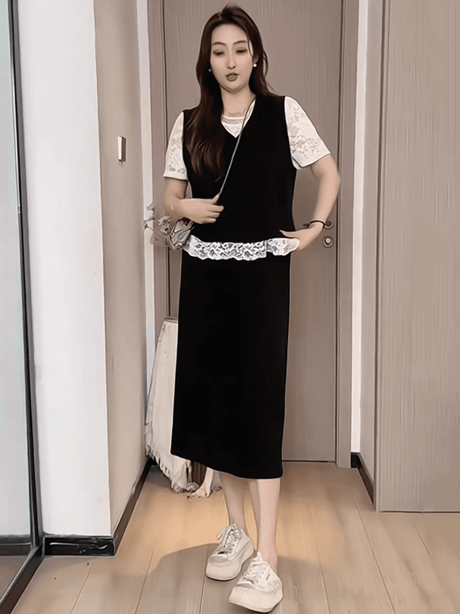 빅 사이즈 여성 의류 지방 mm 한국 스타일 페이크 레이어드 레이스 조각 반팔 반신 스커트 2026 여름 슬림해 보이는 투피스 세트 이미지 4